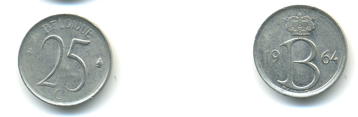Бельгия 25 сантимов 1964 Belgique, Бодуэн I (1951-1993) KM 153.1 медно-никель 83-336