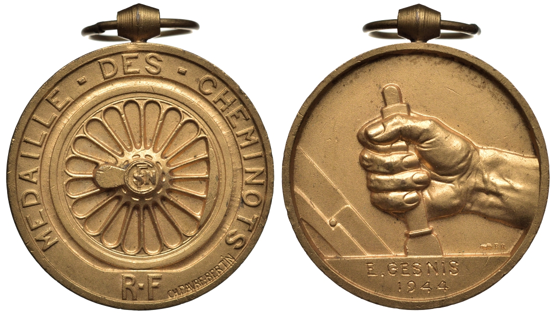 Франция медаль 1944 медаль лучшему железнодорожнику, желтый металл 1072-1-14