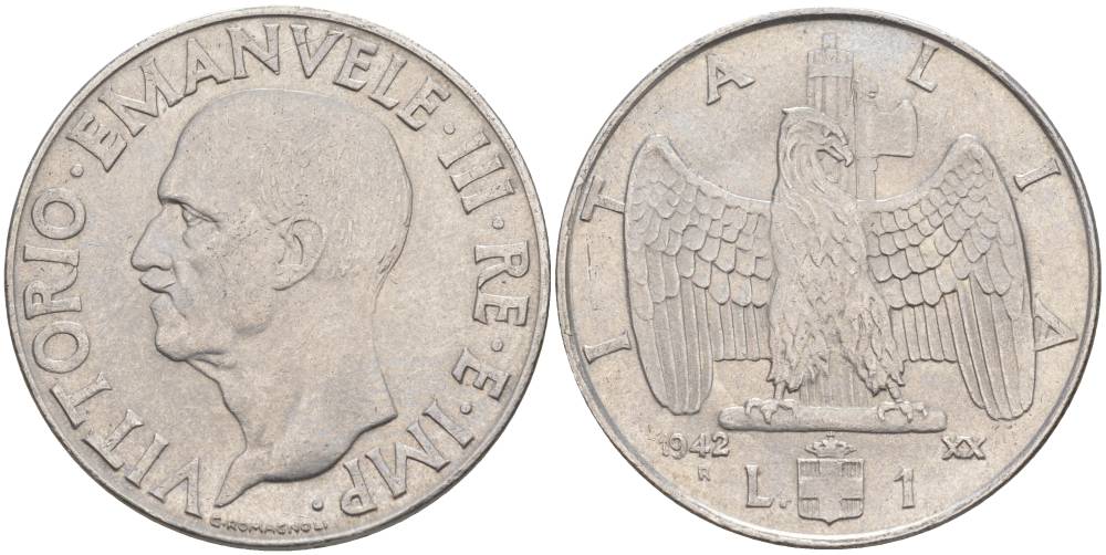 ИТАЛИЯ 1 ЛИРА 1942 R, ГОД XX, ВИКТОР ЭММАНУИЛ III (1900-1946) KM 77b, VEM3. 1102 нержавеющая сталь 3855-522
