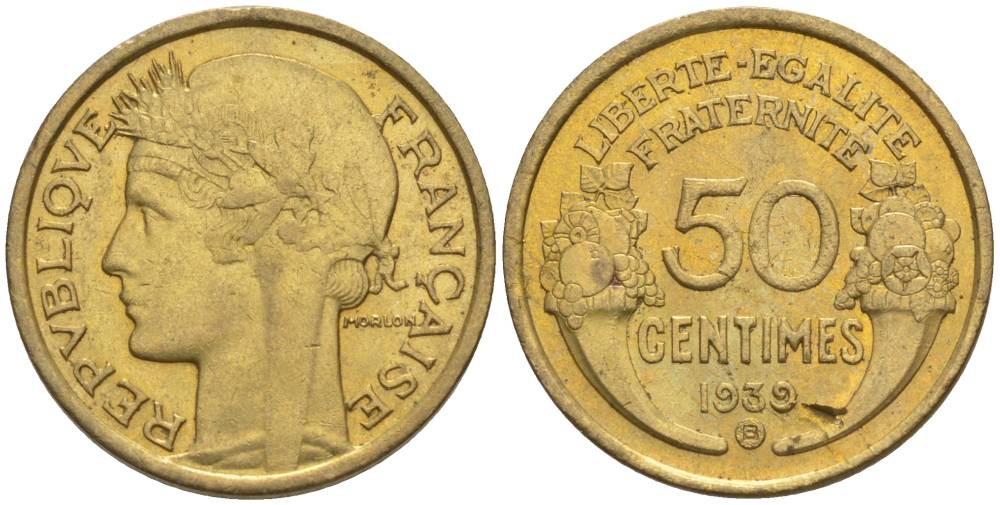 ФРАНЦИЯ 50 САНТИМОВ 1939 В, ТИП MORLON, МОНДВОР БРЮССЕЛЬ KM 894.2, LE FRANC 192.16 алюминиевая бронза 44-916