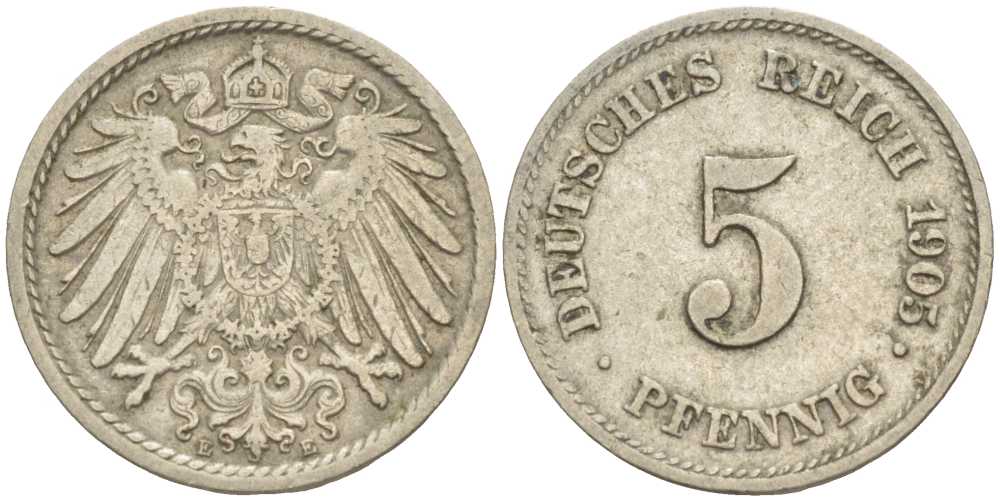 ГЕРМАНИЯ 5 ПФЕННИГОВ 1905 E KM 11, J. 12 медно-никель 105-112
