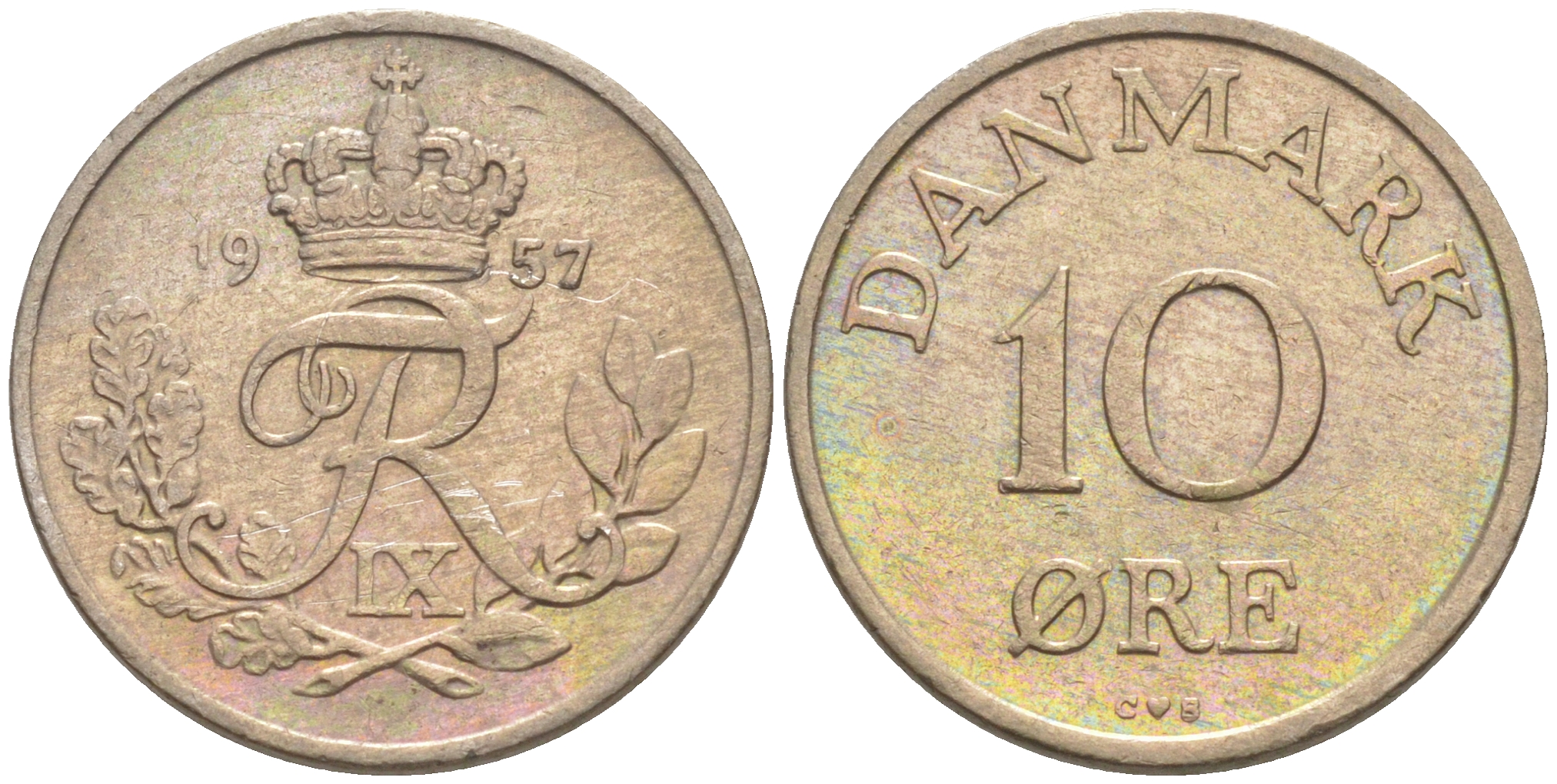 ДАНИЯ 10 ЭРЕ 1957 C; S, ФРЕДЕРИК IX (1947-1972) КМ 841.2 медно-никель 187-637