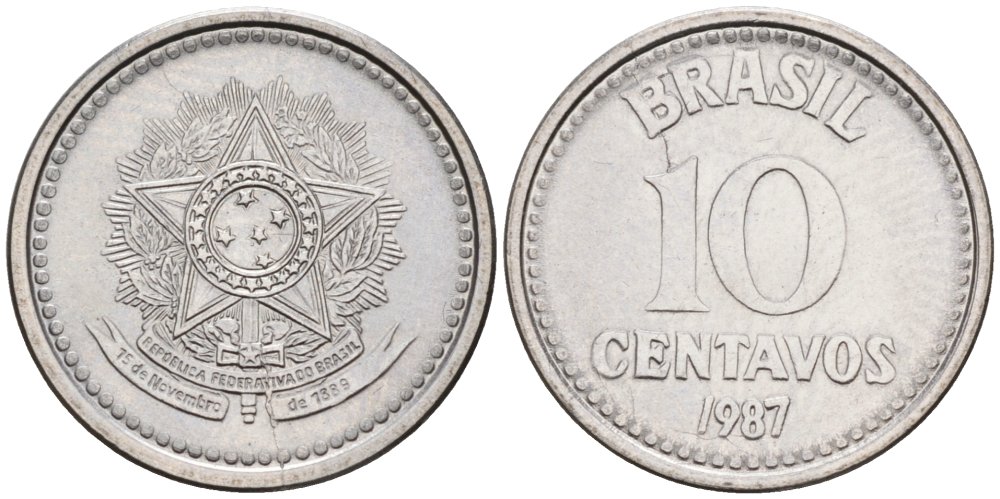БРАЗИЛИЯ 10 СЕНТАВО 1987 KM 602 нержавеющая сталь 75-411