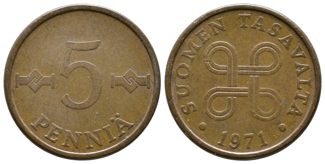Финляндия 5 пенни 1971 KM 45 медь 220-248