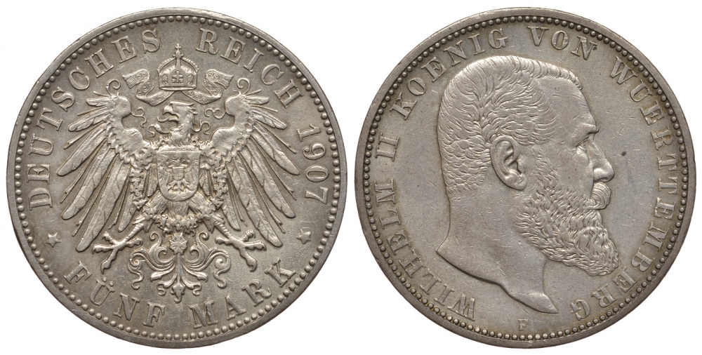Вюртемберг 5 марок 1907 F, Вильгельм II (1891-1918) Weege 172, J. 176, KM 632 серебро 00-1067-4-24