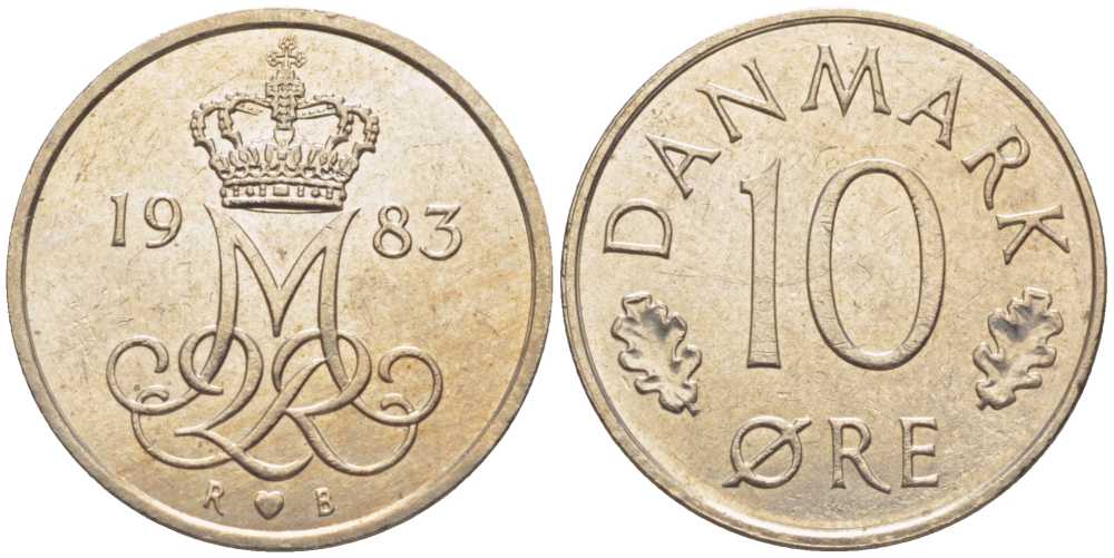 Дания 10 эре 1983 R; B, Маргрете  II (1972-2024) KM 860.3 медно-никель 201-1238