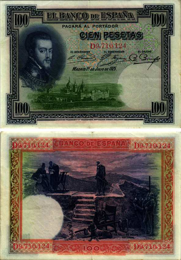 ИСПАНИЯ 100 ПЕСЕТ 1936 12 ИЮЛЯ 1925, ФИЛИПП II, СЕРИЯ D 9710124, СТУЛ ФИЛИППА II ЭСКОРИАЛ Pick 69с бумага XF 2192-74-2-2