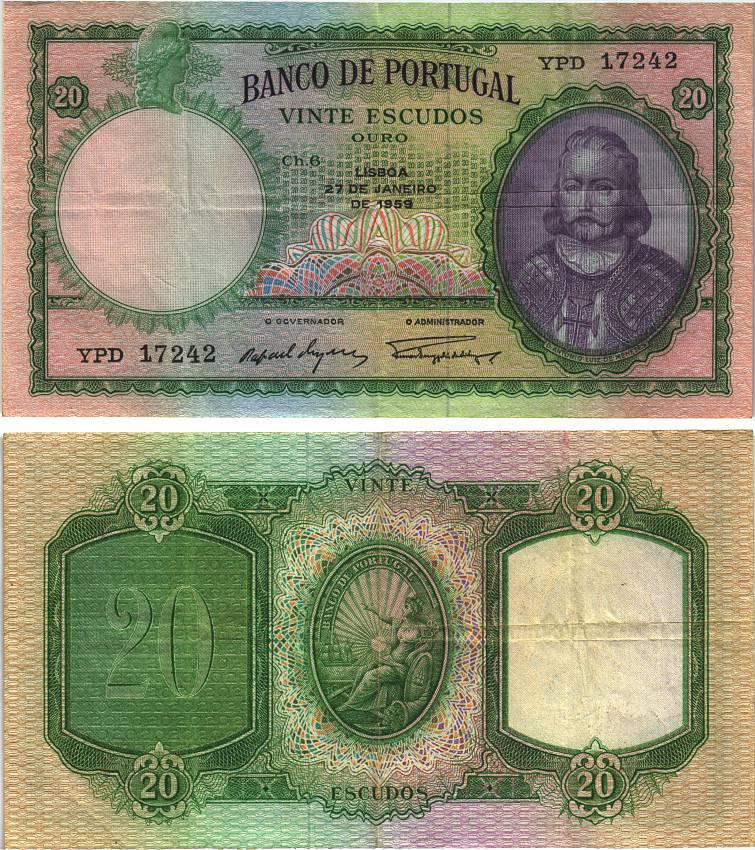 Португалия 20 эскудо 1959 27 января 1959, Антониу Луис де Менезес, 1-й маркиз Мариалва Pick 153b бумага 8606-15-3-2