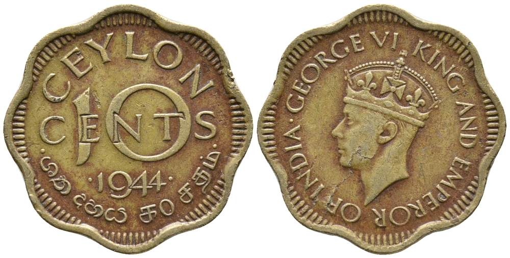 ЦЕЙЛОН 10 ЦЕНТОВ 1944 ГЕОРГ VI KM 118 никель латунь 34-823