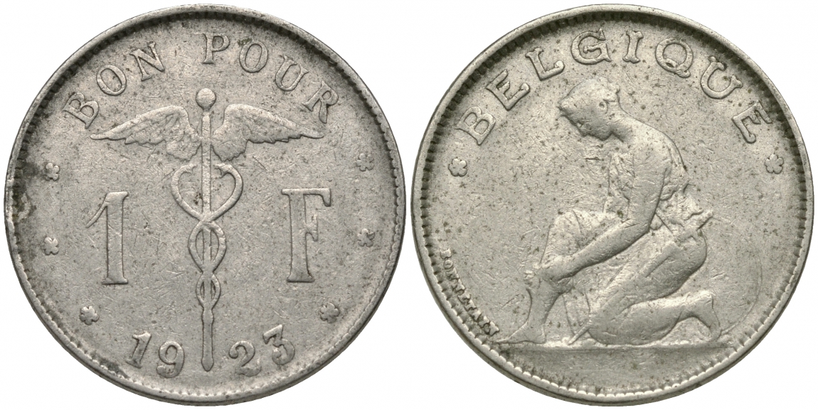 Бельгия 1 франк 1923 Belgique, Альберт I (1909-1934) KM 89 никель 51-1936
