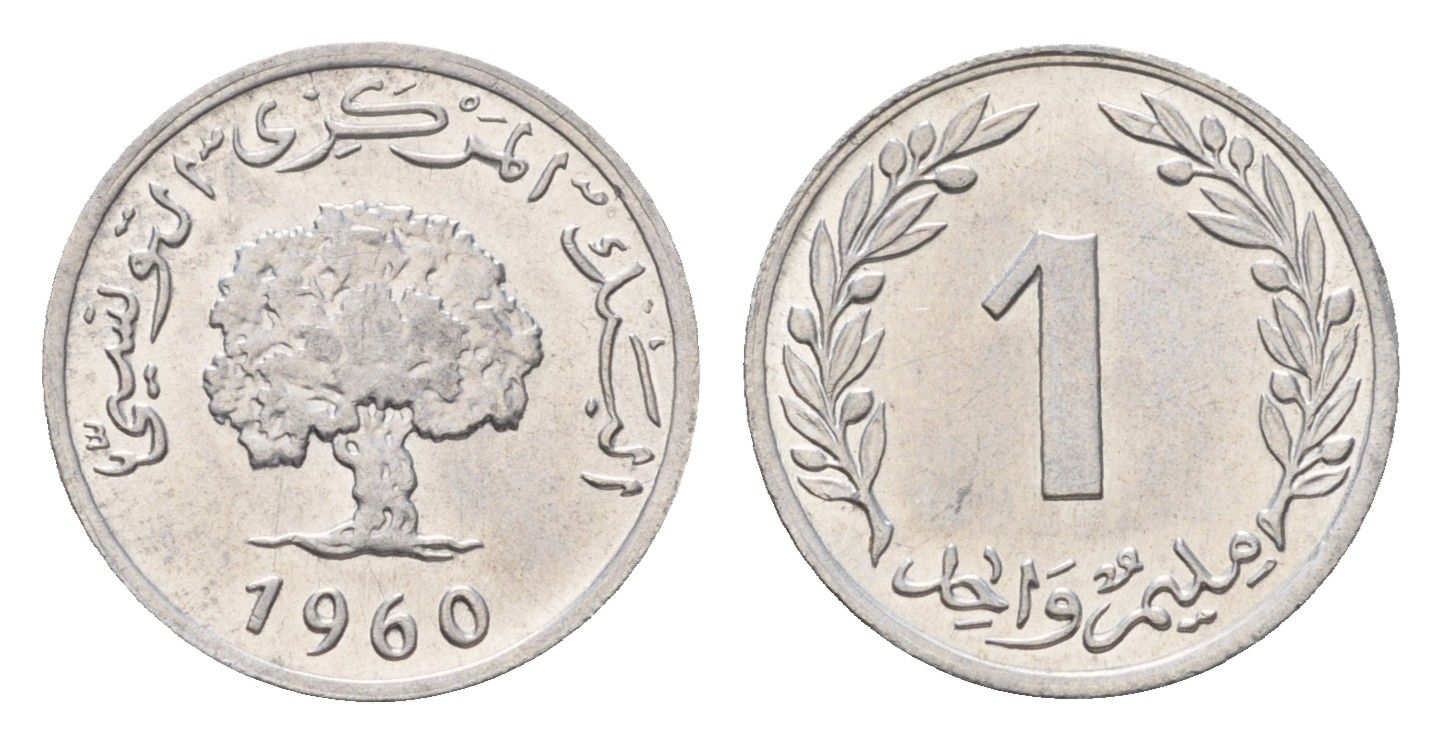 Тунис 1 миллим 1960 год-тип, пробковый дуб KM 280 алюминий UNC 4682-653