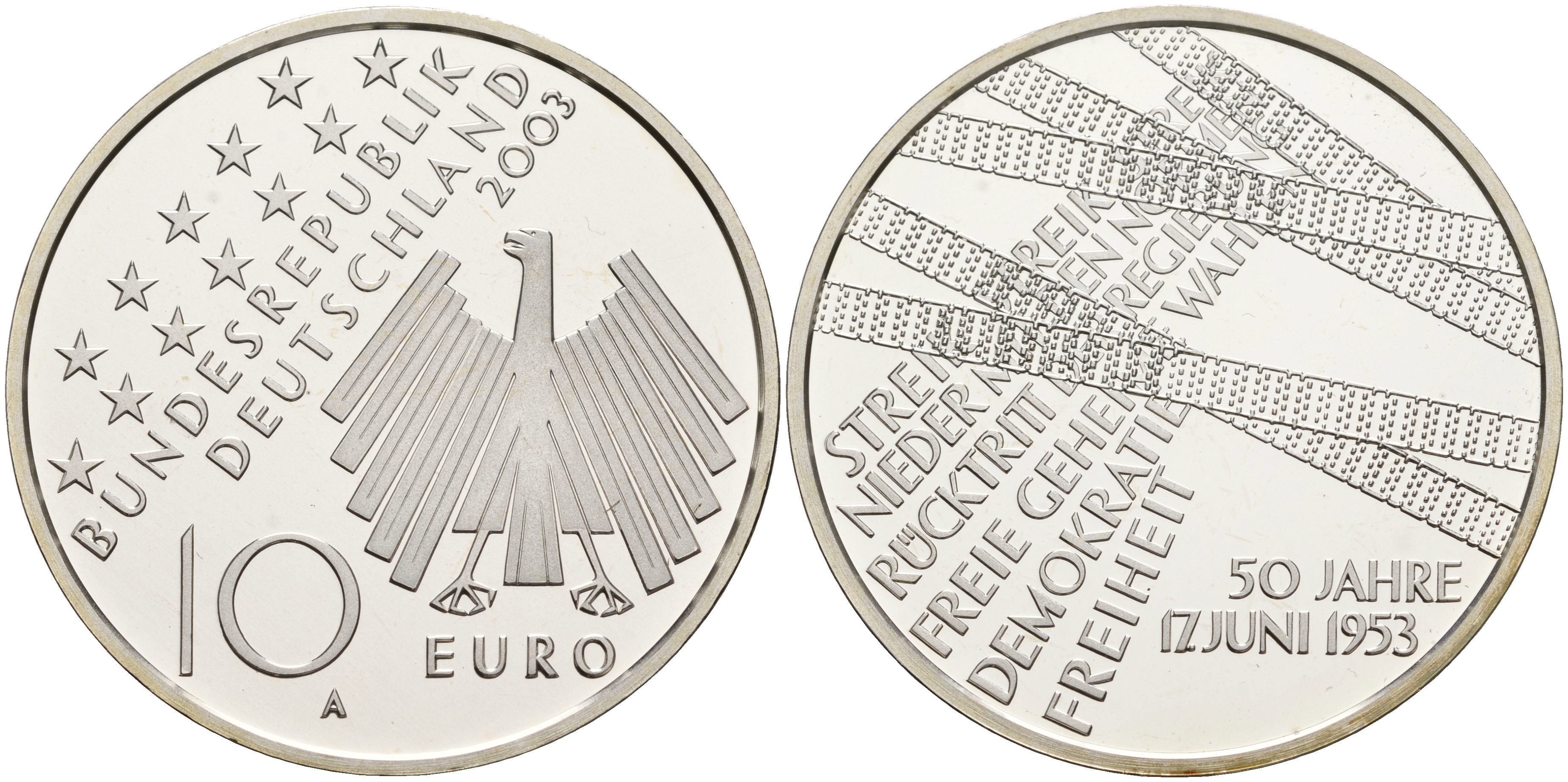 ФРГ 10 евро 2003 А, 50-я годовщина народного восстания 1953 года в ГДР KM 226, DE.S. 10.9 серебро PROOF 1076-3-41