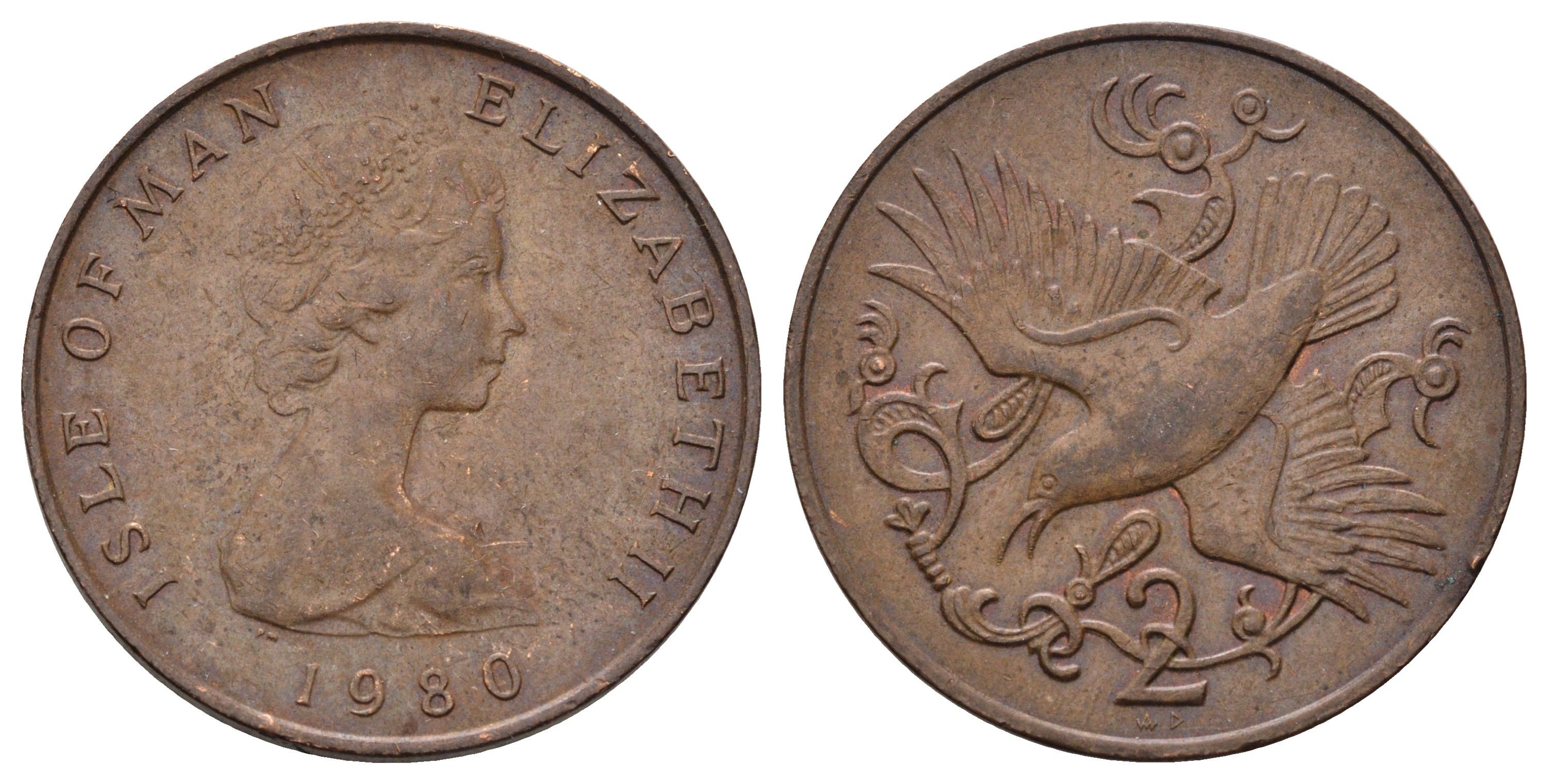 Остров Мэн 2 пенса 1980 Елизавета II (1952-2022) KM 60 бронза 4666-355
