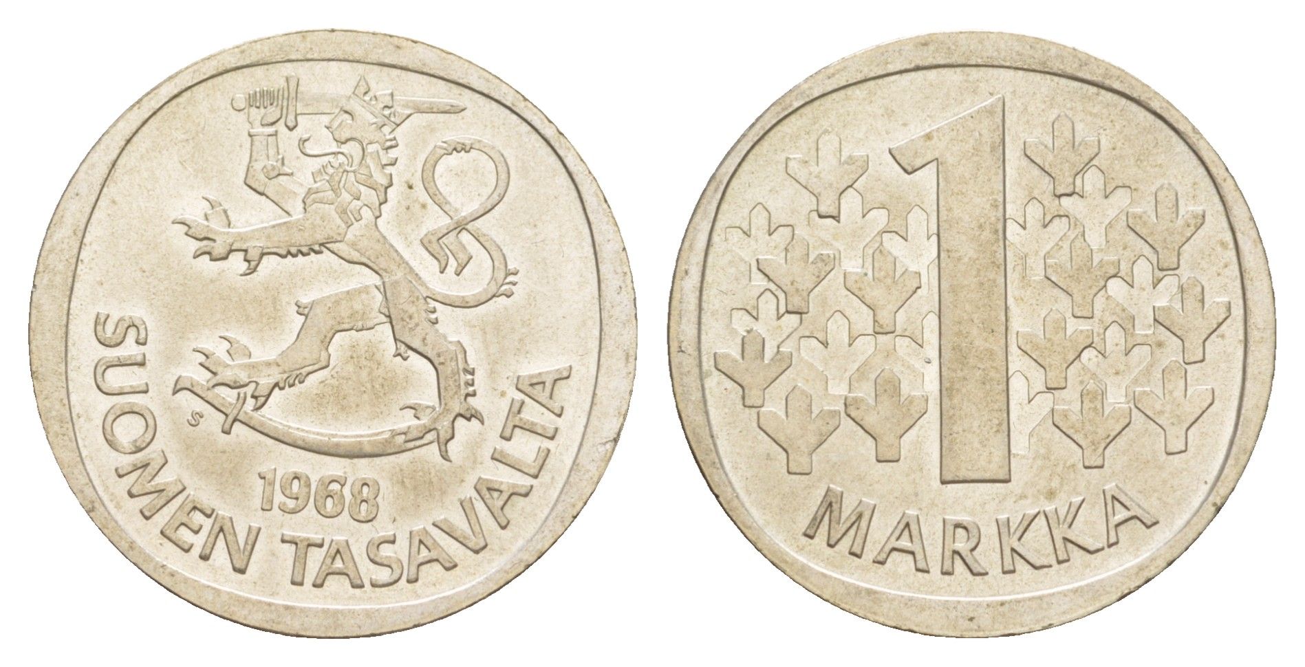 Финляндия 1 марка 1968 KM 49 серебро aUNC 4648-531