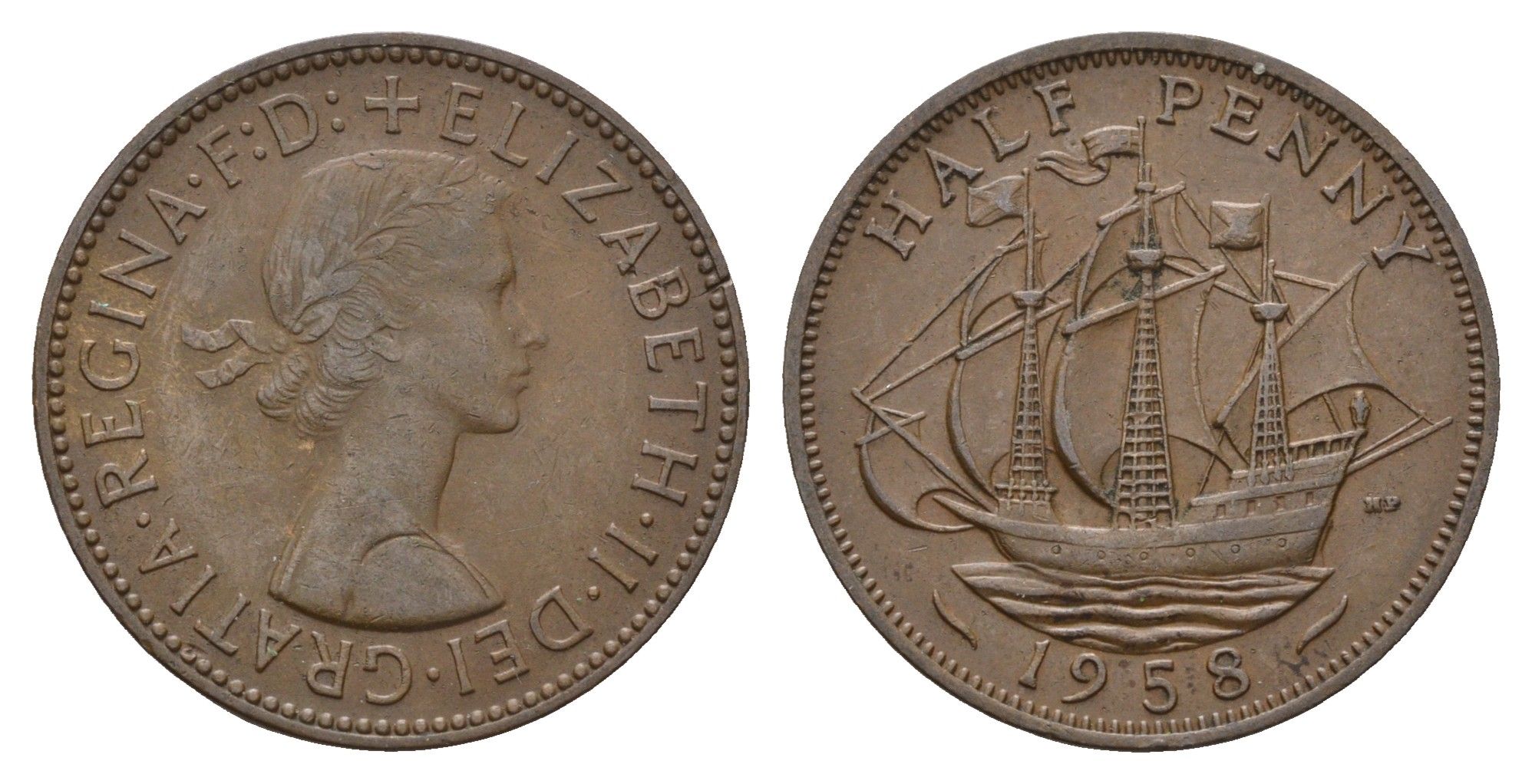 Великобритания 1/2 пенни 1958 Елизавета II (1952-2022) KM 896, Spink 4158 бронза 94-834