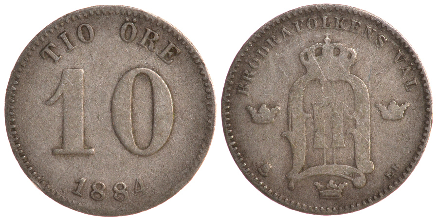 Швеция 10 эре 1884 Оскар II (1872-1907) король Швеции и Норвегии KM 755 серебро 4179-517