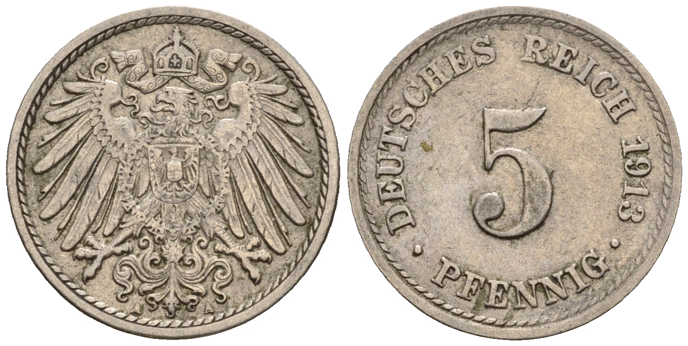 Германия 5 пфеннигов 1913 A, KM 11, J. 12 медно-никель 220-651