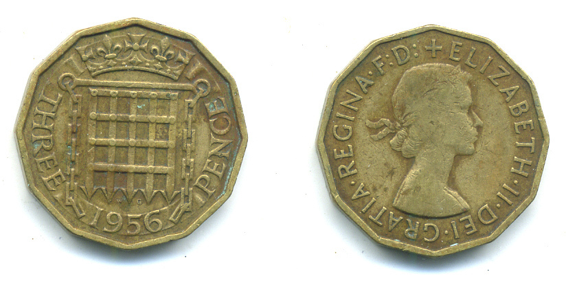 Великобритания 3 пенса 1956 Елизавета II (1952-2022) KM 900, Spink 4153 никель латунь 4383-314