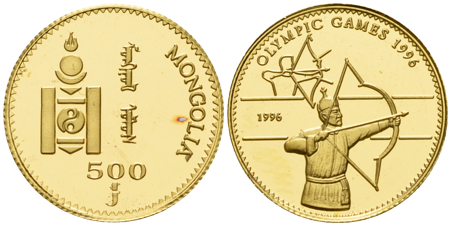 Монголия 500 тугриков 1996 XXVI олимпийские игры 1996 года в Атланте, стрельба из лука золото PROOF 00-815-38
