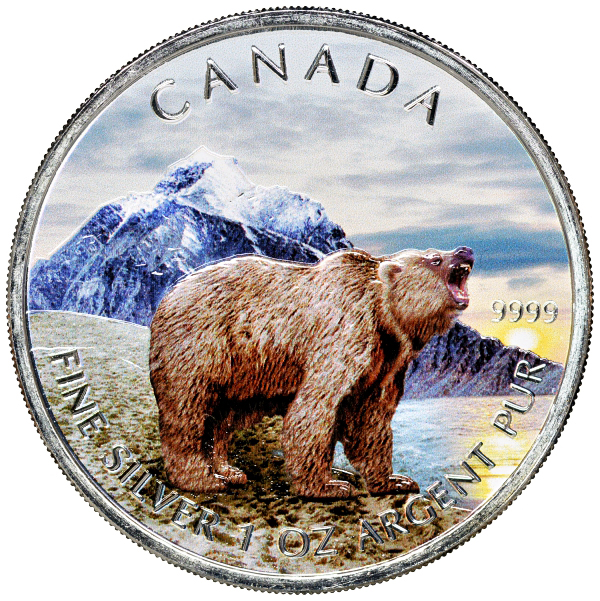 Канада 5 долларов 2011 серия Животный мир Канады, медведь гризли, в оригинальной коробке с сертификатом тираж 5000 экз., цветная эмаль серебро UNC 5-5-1-13