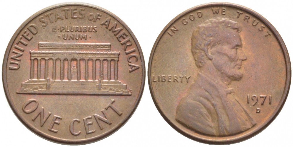 США 1 ЦЕНТ 1971 D, ЛИНКОЛЬН KM 201 медь цинк 105-1061
