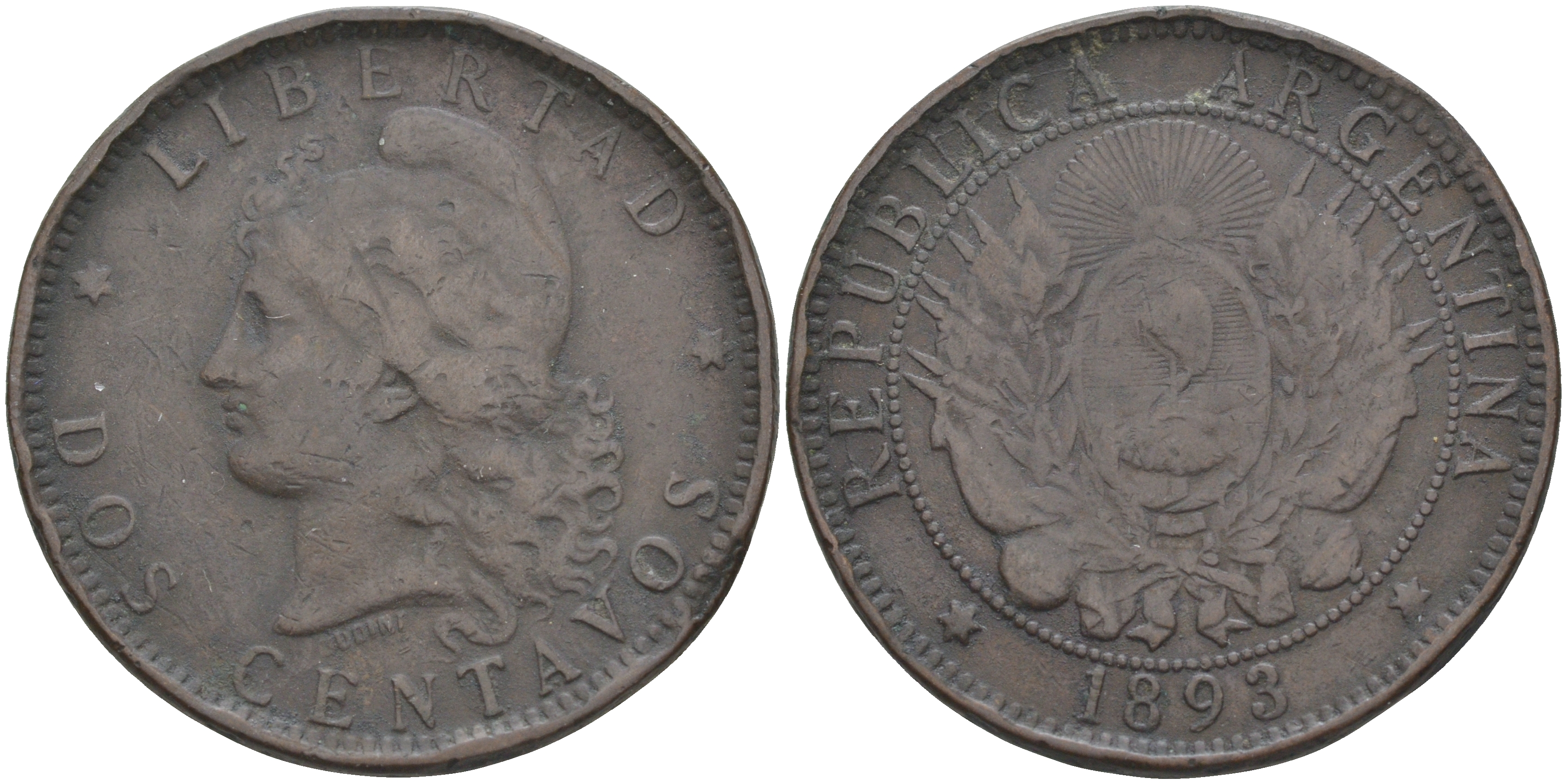 Аргентина 2 сентаво 1893 голова свободы влево KM 8 бронза 63-514