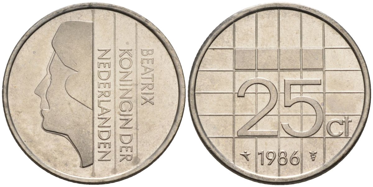 Нидерланды 25 центов 1986 Беатрикс (1980-2013) KM 204 никель UNC 4588-866