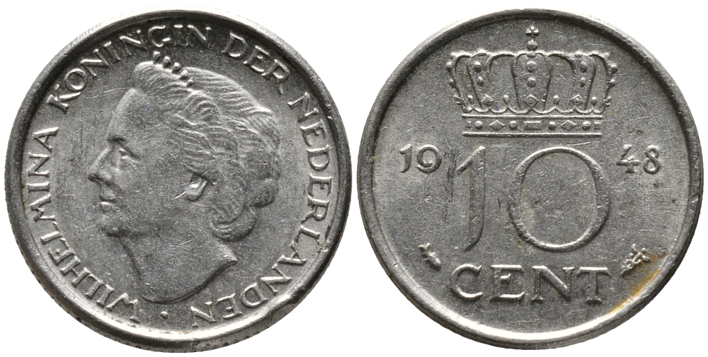 Нидерланды 10 центов 1948 Вильгельмина (1895-1948) KM 177 никель 4392-629