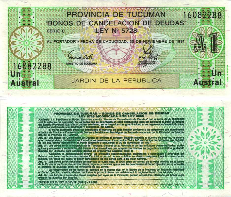 Аргентина, провинция Тукуман 1 аустраль 1991 Pick S 2711b бумага UNC (пресс) 7487-65-1-2