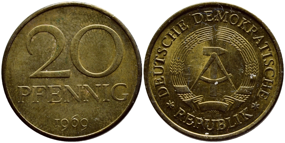 ГДР 20 пфеннигов 1969 А, первый год KM 11 латунь UNC 4398-1142
