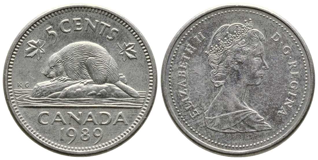 Канада 5 центов 1989 Елизавета II (1952-2022), бобер KM 60.2а медно-никель 4364-2621