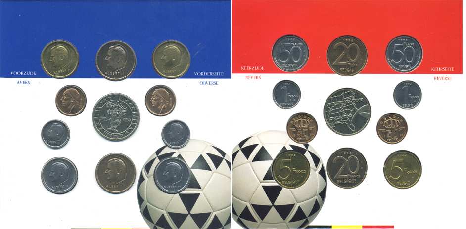 Бельгия набор из 10 монет + жетон 1994 Belgie-Belgique, чемпионат мира по футболу 1994 года В США, в оригинальном картонном буклете KM MS 7 UNC 2-6-3-13