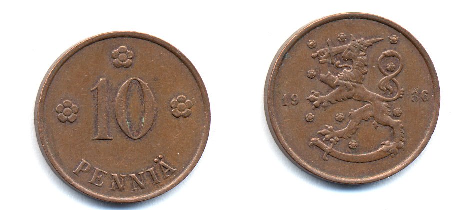 Финляндия 10 пенни 1936 республика (1918-1962) KM 24 медь 51-5521
