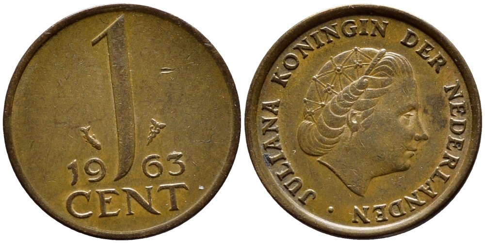 Нидерланды 1 цент 1963 Юлиана (1948-1980) KM 180 бронза 4392-1361