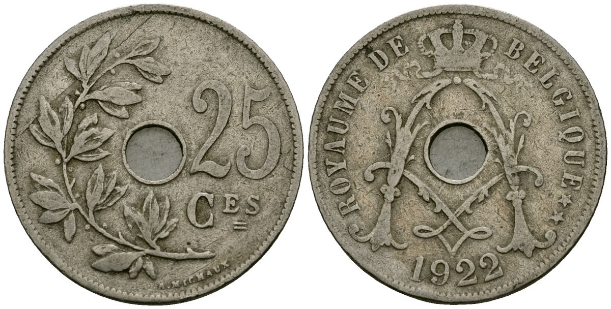 Бельгия 25 сантимов 1922 Belgique KM 68 медно-никель 4165-432