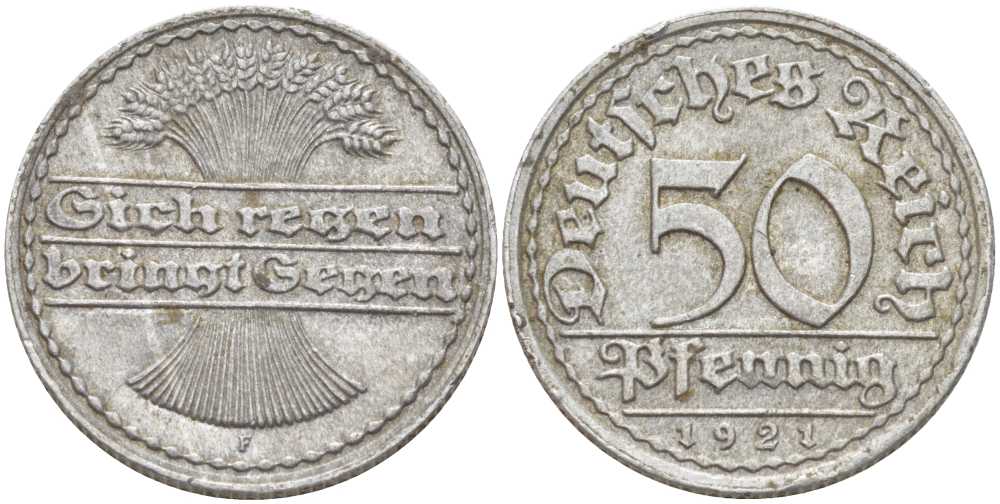 ГЕРМАНИЯ 50 ПФЕННИГОВ 1921 F KM 27, J. 301, Weege 10 алюминий 261-716