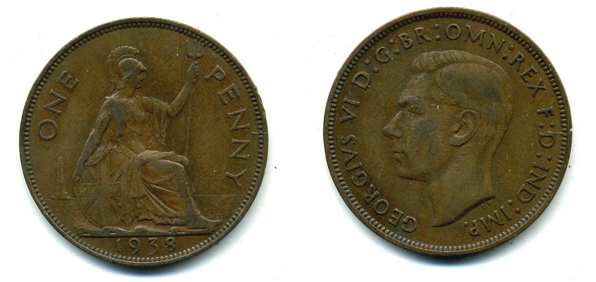 Великобритания 1 пенни 1938 Георг VI (1936-1952) KM 845, Spink 4114 бронза 89-844