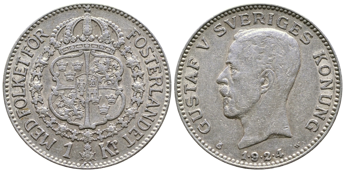 Швеция 1 крона 1924 W, Густав V (1907-1950) , цифры даты разделены точками KM 786.1 серебро 4178-617