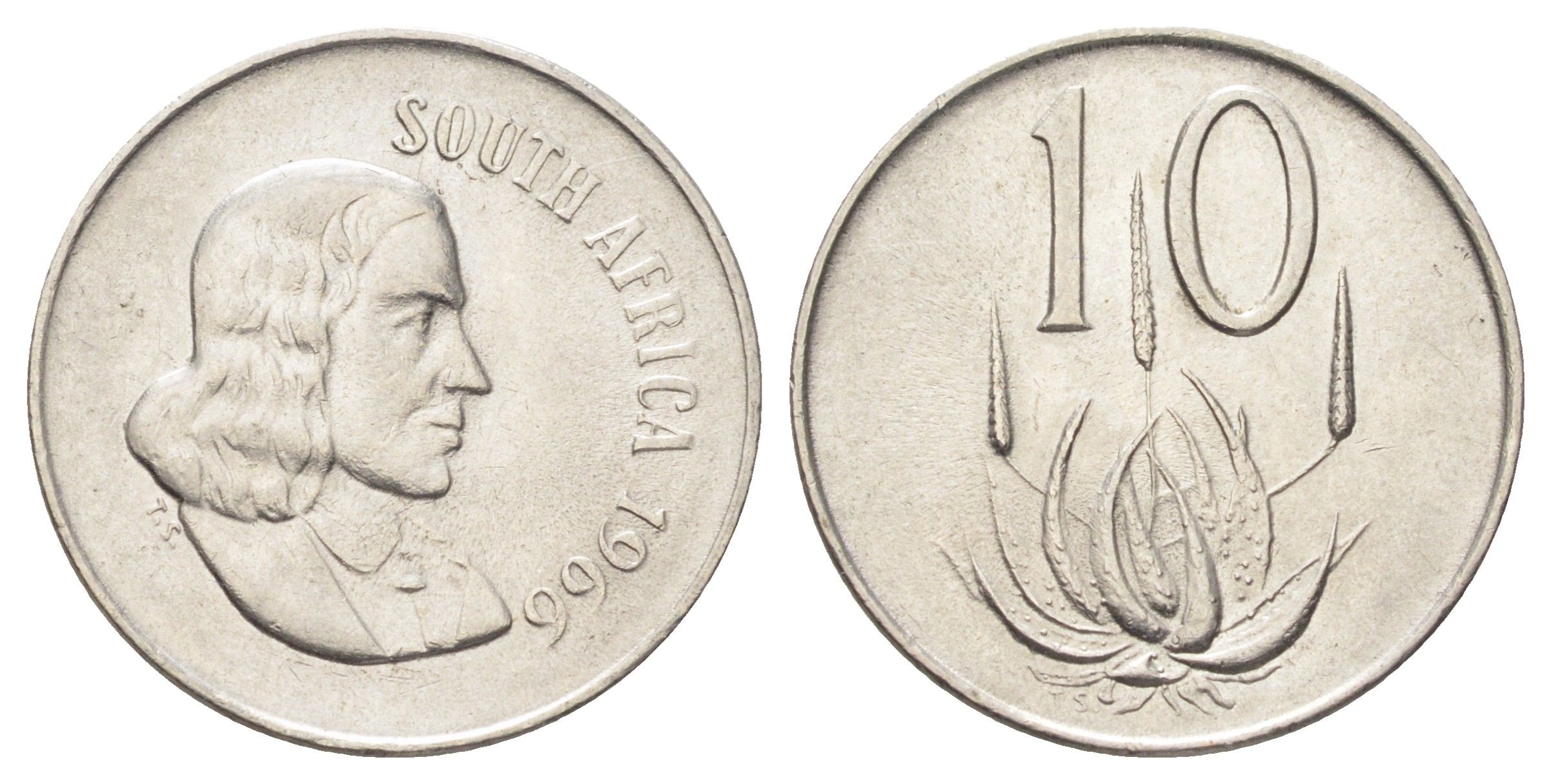 ЮАР 10 центов 1966 Ян ван Рибек (1619-1677), South Africa, легенда на африкаанс, цветок алоэ KM 68.1 никель 4696-1016
