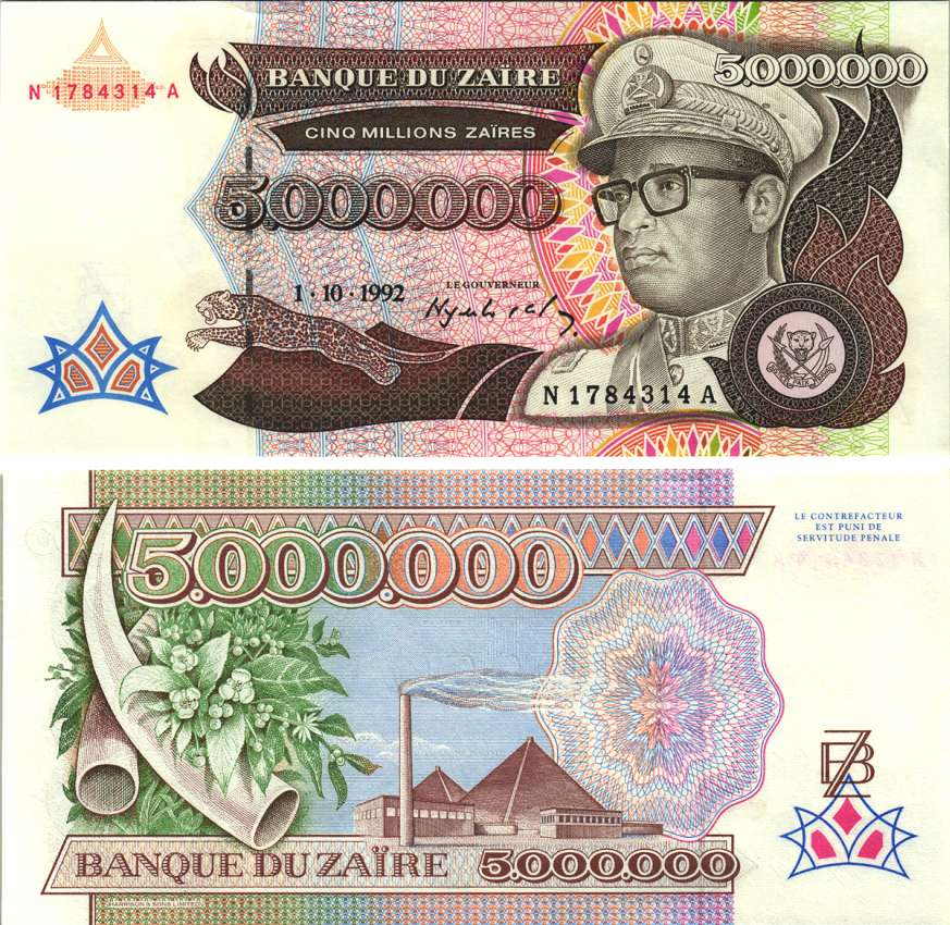 Заир 5000000 заиров 1992 Мобуту Сесе Секо в военной форме, завод Pick 46 a бумага UNC (пресс) 6299-48-2-1