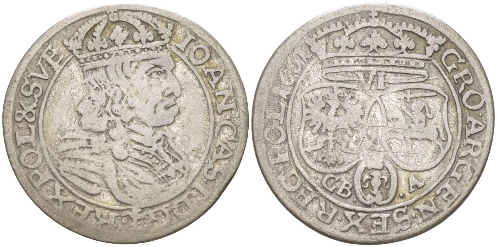 ПОЛЬША (ЛИТВА) 6 ГРОШЕЙ 1661 GBA, ЯН КАЗИМИР (1649-1668) KM 91 серебро 3896-1513