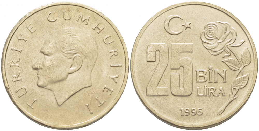 Турция 25000 лир 1995 Мустафа Кемаль Ататюрк KM 1041 медь никель цинк 4402-1053