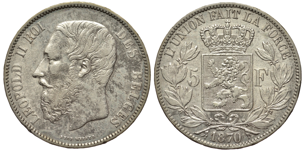 Бельгия 5 франков 1870 Леопольд II (1865-1909) KM 24 серебро 1529-1043