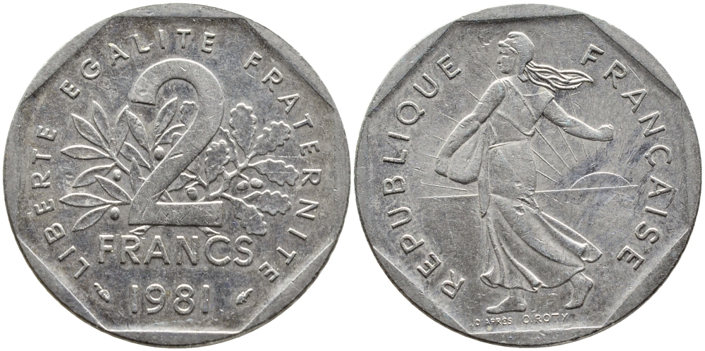 ФРАНЦИЯ 2 ФРАНКА 1981 СЕЯТЕЛЬ KM 942.1, LE FRANC 272.5 никель 4393-216