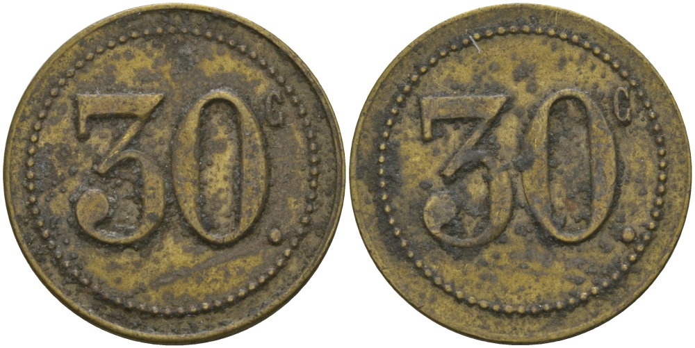 ФРАНЦИЯ 30 САНТИМОВ ND ПЛАТЕЖНЫЙ ЖЕТОН НАЧАЛА XX ВЕКА, ЦИФРЫ НОМИНАЛА 10 ММ., ДИАМЕТР 23,5 ММ. латунь 65-346