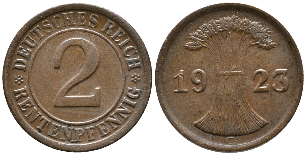 ГЕРМАНИЯ 2 РЕНТЕНПФЕННИГА 1923 G KM 31, J. 307 бронза 24-441