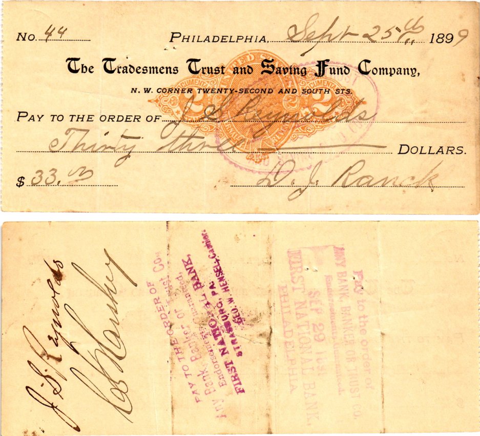 США чек на 33 долларов 1899 Филадельфия бумага 3295-34-2-1