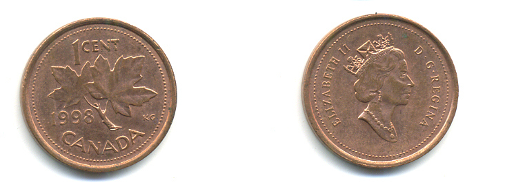 КАНАДА 1 ЦЕНТ 1998 ЕЛИЗАВЕТА II, КЛЕНОВЫЙ ЛИСТ KM 289 сталь плакированная медью 177-1442