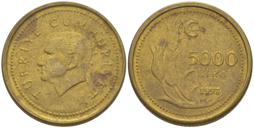 Турция 5000 лир 1997 Мустафа Кемаль Ататюрк KM 1029.1 латунь 4402-1042