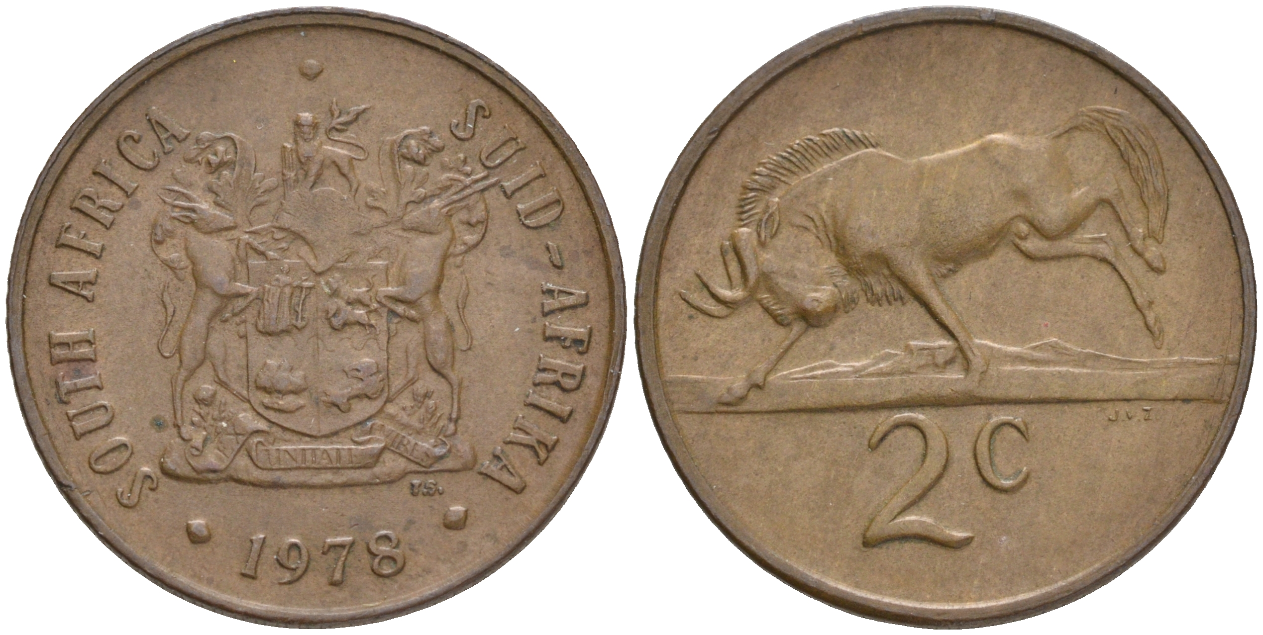 ЮАР 2 цента 1978 герб, антилопа гну KM 83 бронза 4561-722